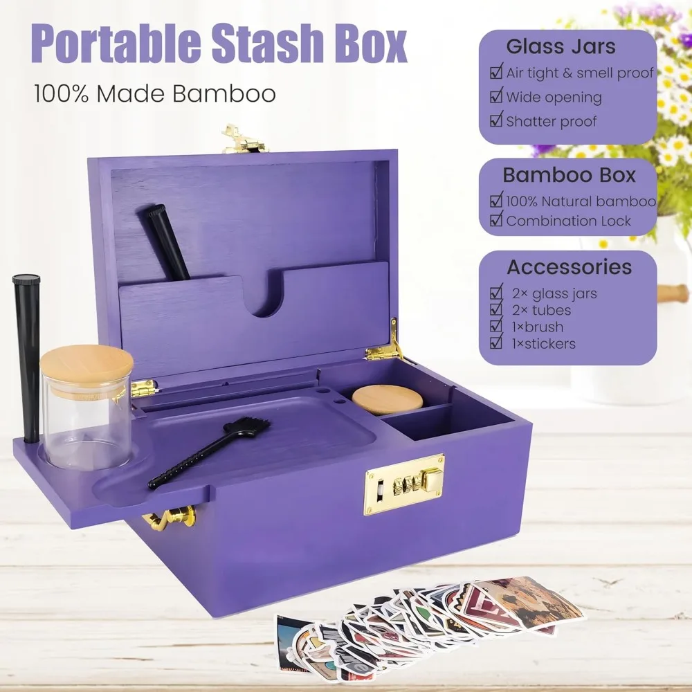 Locking Bamboo Box Gift Set,Purple tool box,2024 Decorative Home Box With Combination Lock,Locking Bamboo Box with Jars,stickers