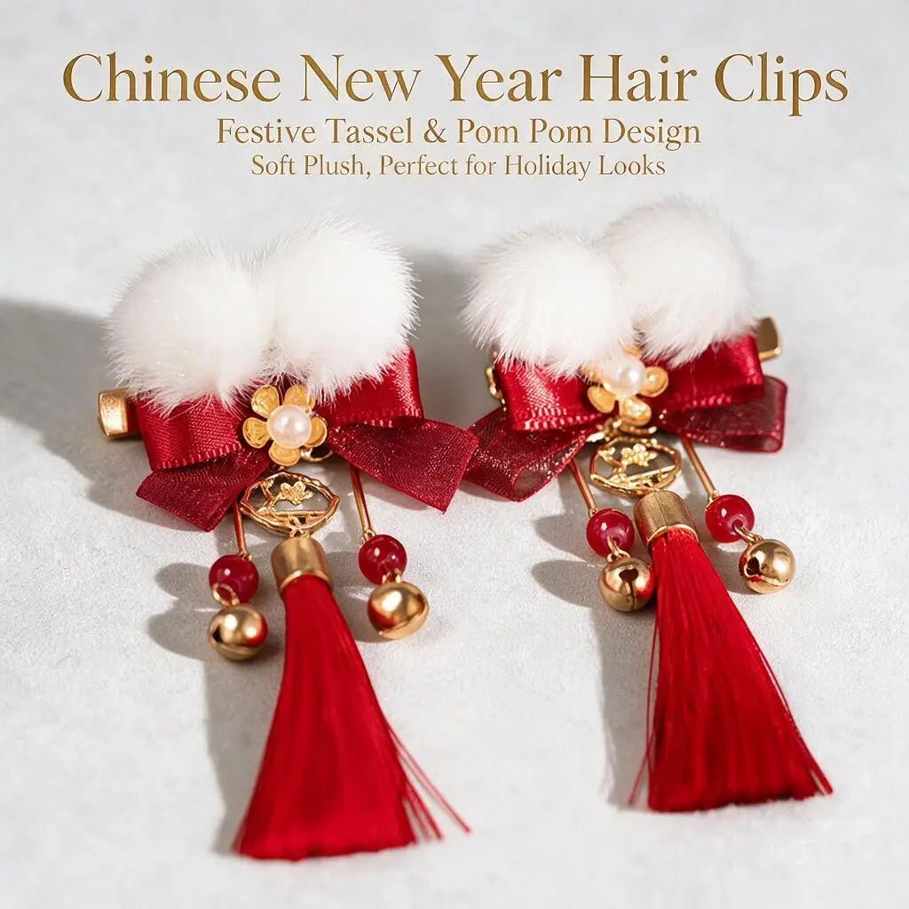 2pcs Chinese New Year Red Hair Clips For Little Girls Fluffy White Pom Pom Bow Tassel Bell Hairpins Hanfu Festive New Year Party