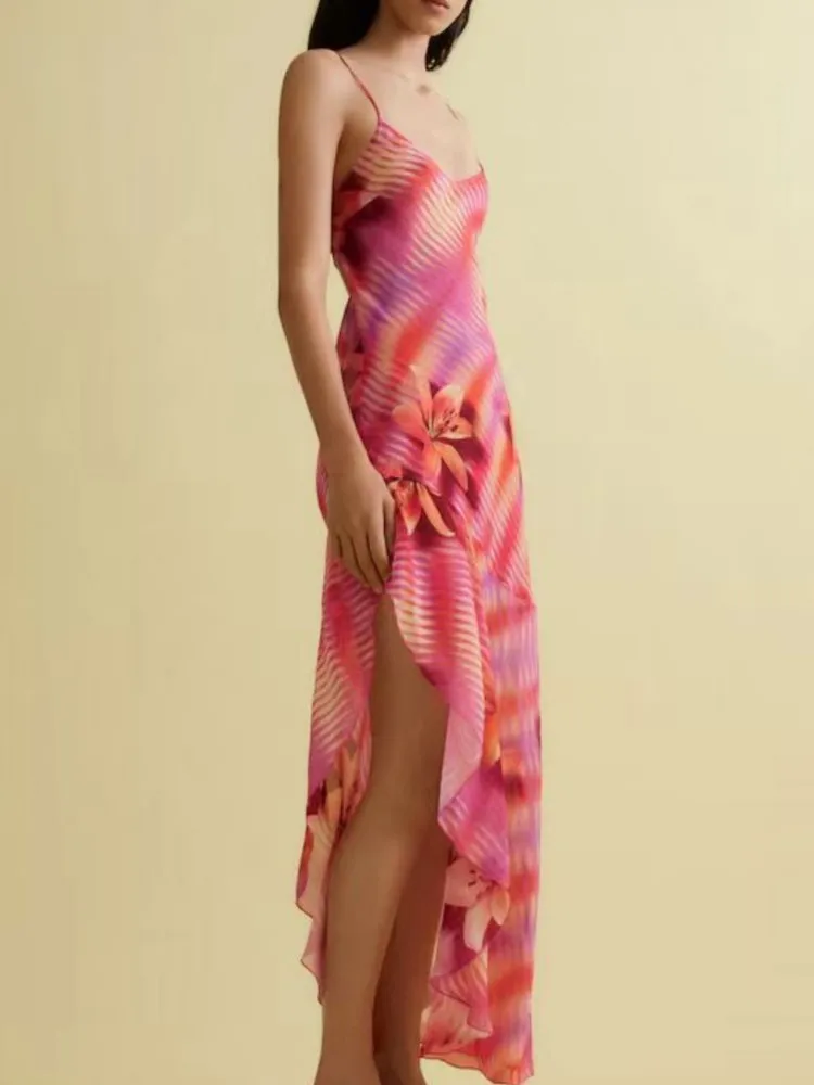 Fashion Dress For Women Chic Flower Printed V Neck Beach Sleeveless Backless Ruffles Midi Dresses 2025 Summer Lady Holiday Robes