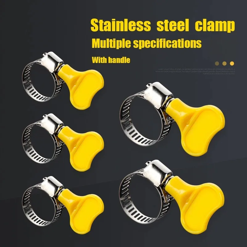 5 pcs 8-44mm Adjustable Yellow Plastic Handle Hand Twist Hose Clamps Worm Driving Stainless Steel Pipe Clips For Tube