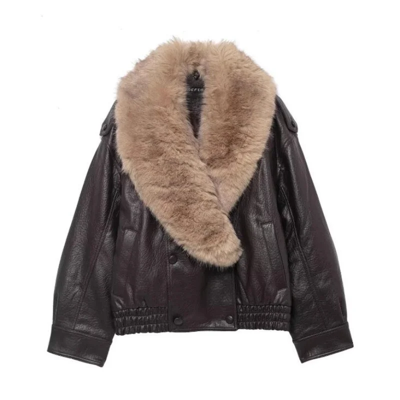 Winter Women Loose Faux Leather Jacket Fashion Removed Big Fur Collar Causal Coat High Street Double Breasted Outwear