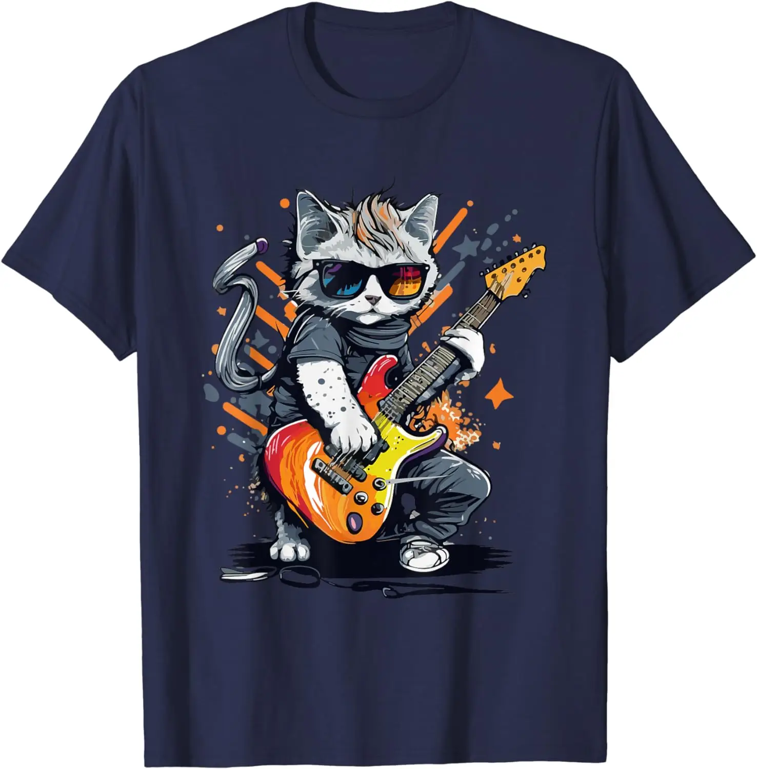 Rock Cat Playing Guitar Funny Guitar Cat T-Shirt for Men Women Kids Music Festival Clothes Graphic T Shirts Cotton Print Casual