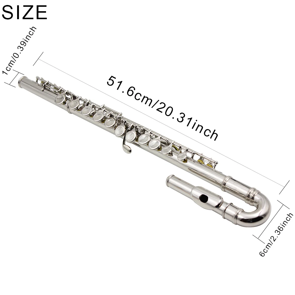 SLADE 16-Hole Nickel-Plated Flute with Curved Head Joint Children's Inline Key E-Split Mechanism Ideal for Beginner Musicians