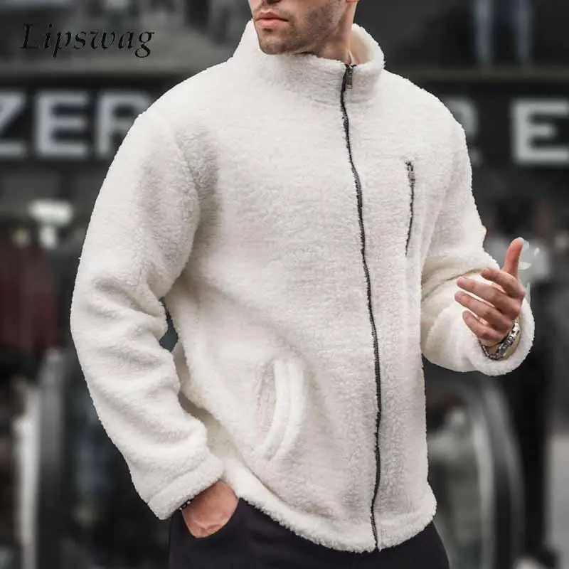 Streetwear Fashion Solid Color Fleece Jacket Coat Mens Autumn Winter Warm Casual Outerwear For Men Trendy Loose Fleece Jackets