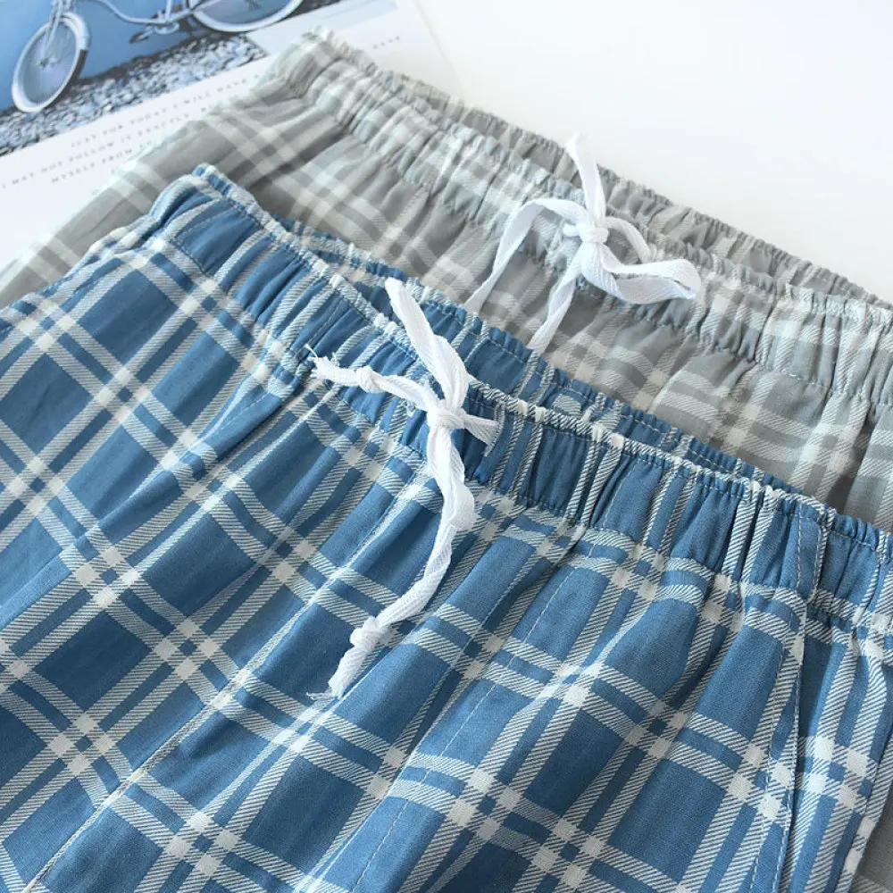 Mens Loose Cotton Gauze Long Pants Plaid Breathable Pajama Bottoms Summer Thin Casual Comfortable Home Sleepwear
