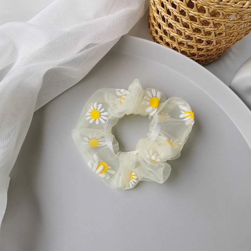 Small Daisy Print Hair Ring Soft Organza Scrunchie Net Yarn Elastic Hair Accessories Women Girls Rubber Bands Simple Headwear