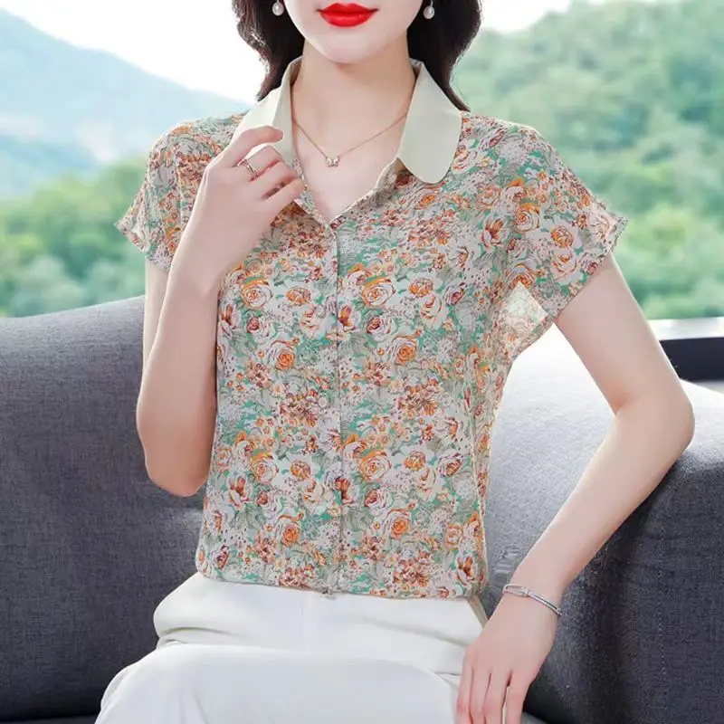 Elegant Floral Printing Women\'s Clothing 2023 Summer POLO Collar Loose Comfortable Tops Women Broken Flower Chiffon Shirt