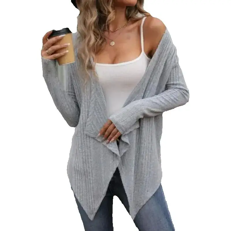 

2025 Autumn And Winter Women's Bestseller Solid Color Ribbed Knit Cardigan Fashion Open Front Long Sleeve Women's Casual Wear