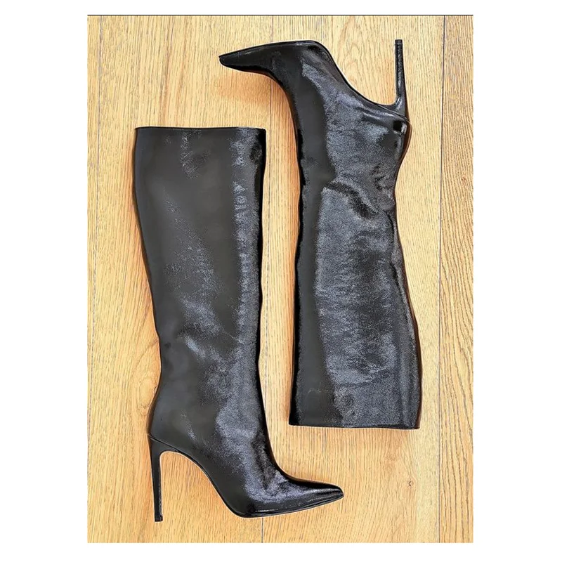 Black Knee High Zipper Leather Boots Thin High Heel Pointed Toe Fashion Sexy Winter Big Size 2024 Woman Shoes Zapatillas Mujer