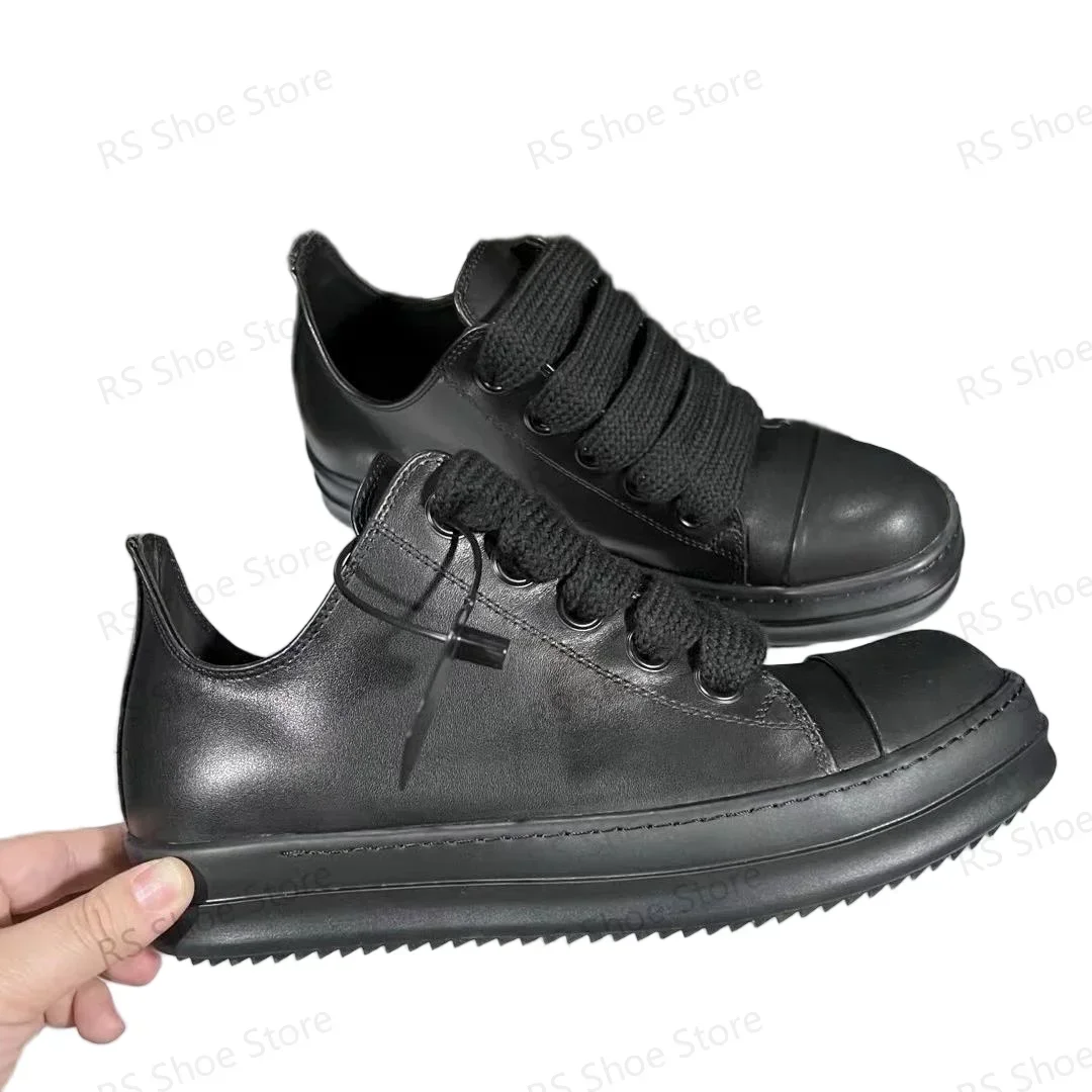 

Ro Men Sneakers Full Black Leather Low Top Shoe Jumbo Laces Women Sneaker Casual Shoes Classic Design Thick Sole Flat Shoes