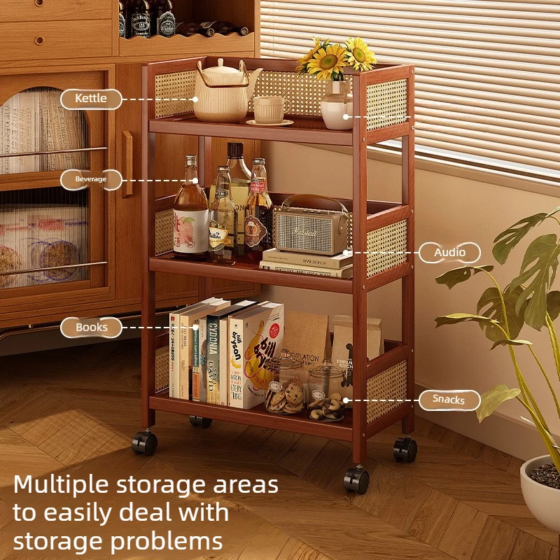 Simple mobile pulley storage rack, retro multi-layer storage rack, mobile wheeled living room storage rack, sand edge cabinet