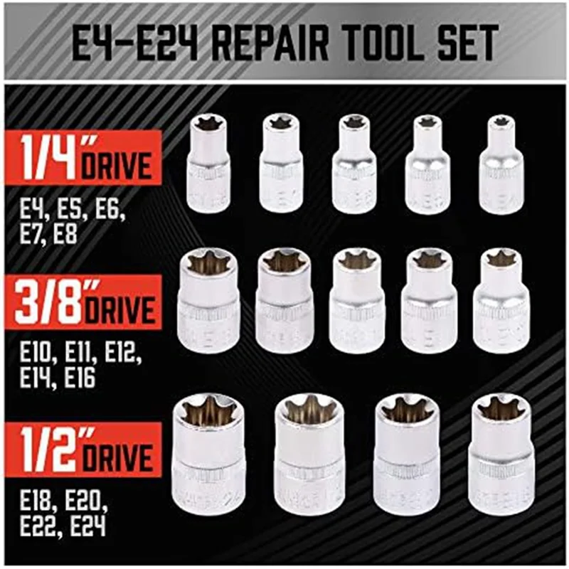 Jeu de douilles E-TORX ABUP-14Piece, jeu de douilles Torx femelle Premium, jeu de douilles Torx externes