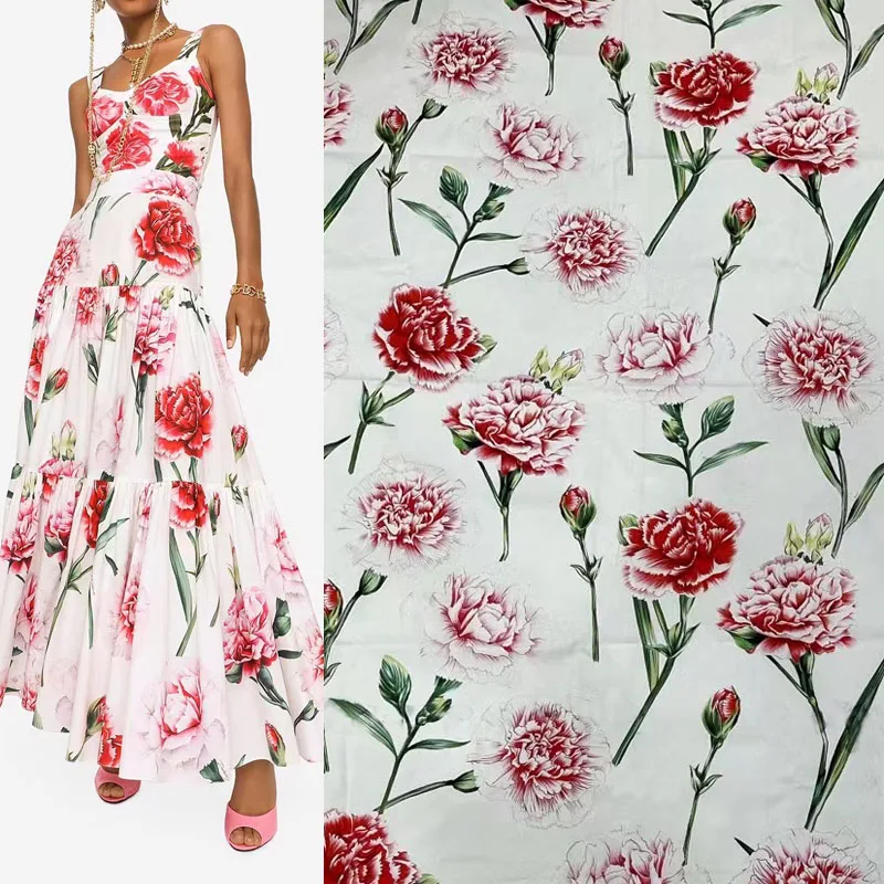 European And American Pink Carnation Flower Printed Cotton Fabric For Women Dress Blouse Pants Handmade DIY Cloth Sewing