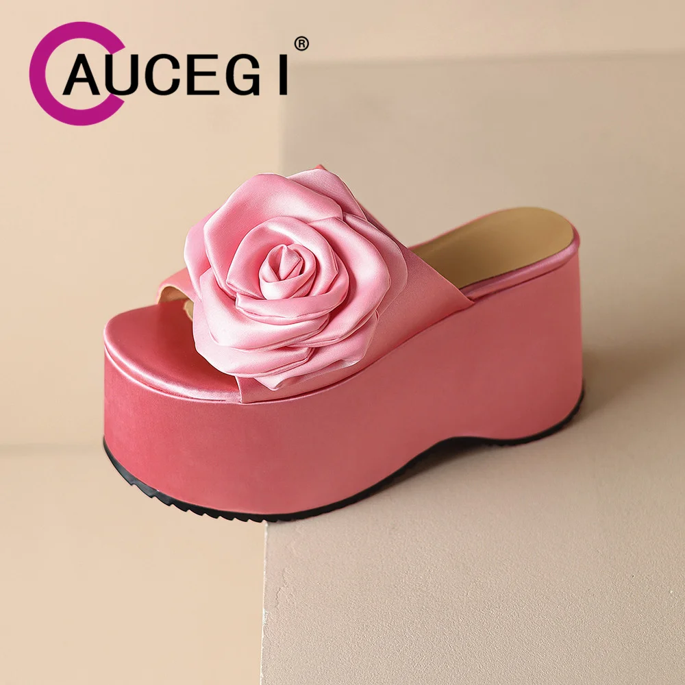 Aucegi Delicate Women Flowers Satin Slippers Summer Peep Toe Sandals Comfortable Platform High Heels Dress Party Wedding Shoes
