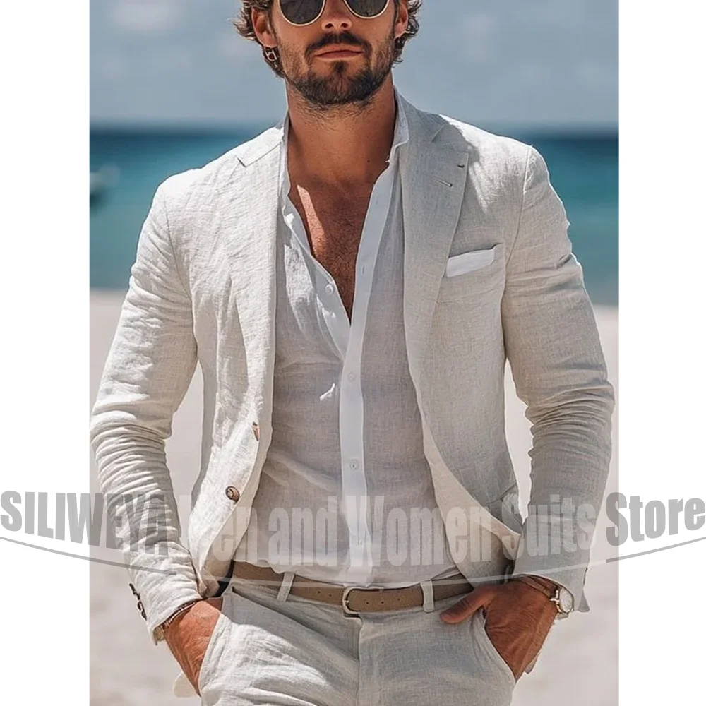 

Summer Linen Men Suits Notch Lapel Single Breasted Male Suit Smart Casual Slim Daily Party Wedding Tuxedos (Blazer+Pants)