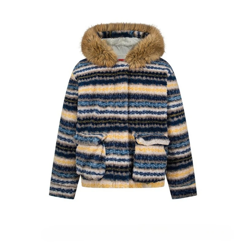 American Retro Detachable Fur Collar Unisex Cotton Jacket 2025 Autumn Winter New Striped Thick Loose Warm Couple Coats Ladies