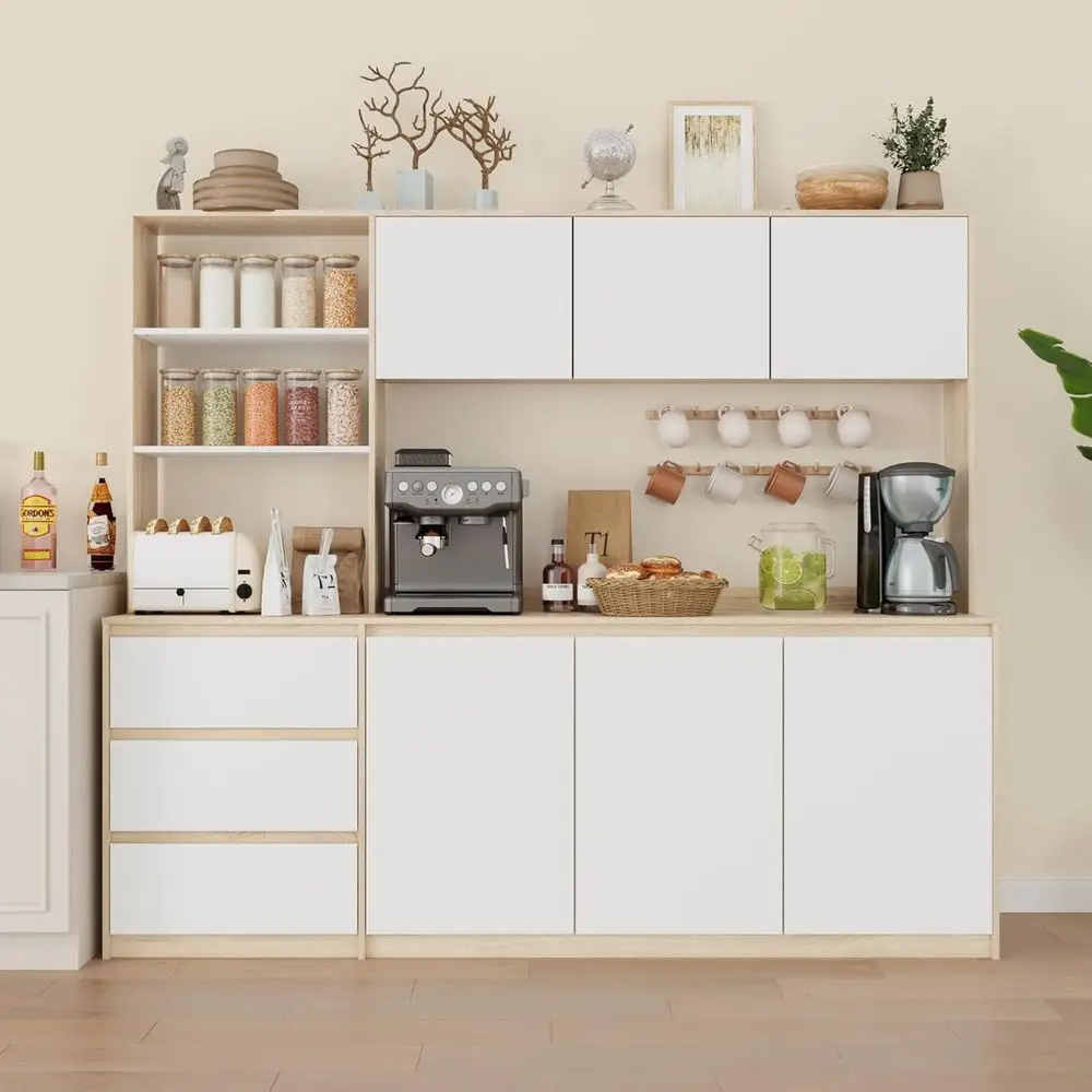 

White & Walnut Kitchen Hutch with Microwave Stand, Storage Pantry, 3-Tier Shelves & 3 Drawers