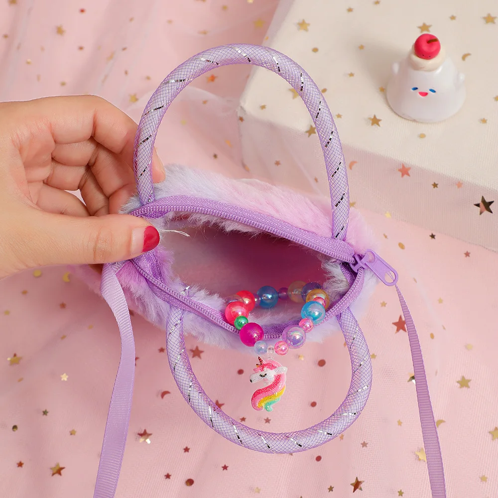 Bolso de hombro de unicornio de dibujos animados para niños, bolso cruzado de almacenamiento para niña, bolso de felpa para uso diario para mujer