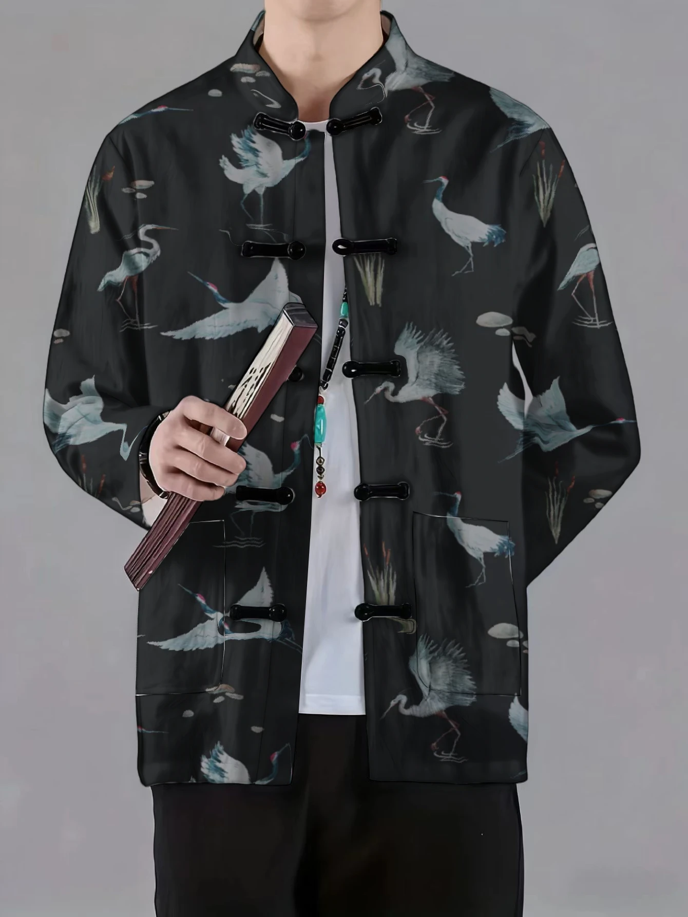 Men Men Mandarin Collar Frog Button Jacket Crane Mountain Leaf Star Landscape Print Traditional Outerwear - Aliexpress Deal