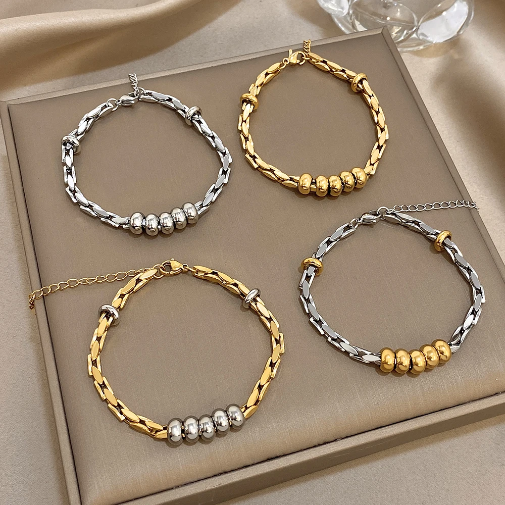 

Freetry New Fashion Stainless Steel Beaded Bracelet for Women Simple Punk Adjustable Chain Bracelet Waterproof Hand Jewelry Gift