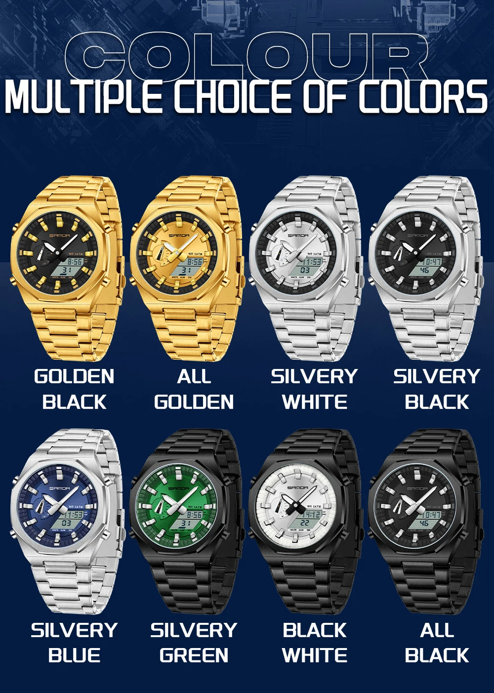 SANDA العلامة التجارية الأعلى 3376 طالب العرض المزدوج ساعة إلكترونية رياضية متعددة الوظائف مقاوم للماء طالب ساعة إلكترونية 2025