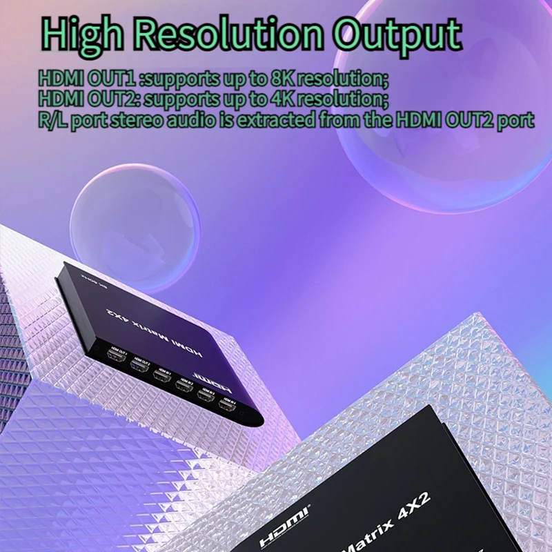 8K 60Hz HDMI Matrix Switcher 4x2 Switch Splitter 4 in 2 out Video Display with L/R 3.5mm HDR HDR10 3D Support HDCP2.3 4K 120Hz