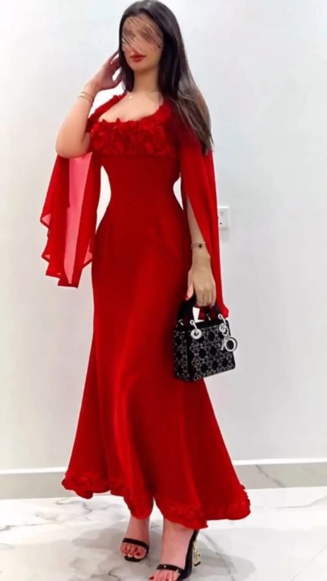 Elegant Dubai Prom Dress With 3D Flowers Full Sleeves Tea Length Evening Dress Women Birthday Wedding Party Formal Gowns Arabia