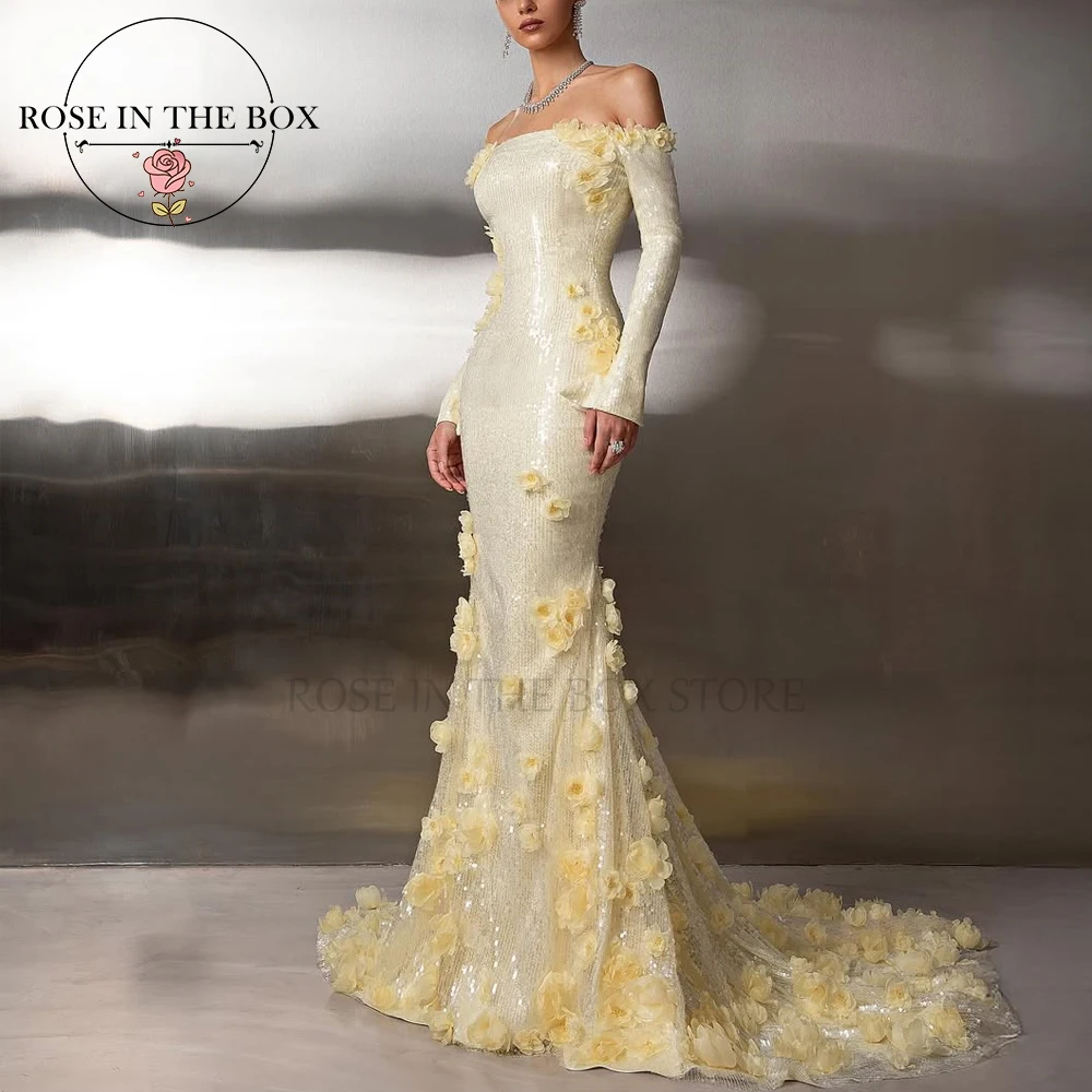 ROSEINTHEBOX Vestido de noche de sirena con hombros descubiertos y lentejuelas color champán glamoroso personalizado con apliques florales en 3D y mangas largas