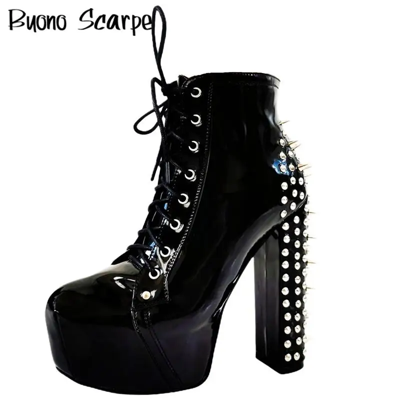

Rivet Metal Decorations Round Toe Thick Sole Platform Chunky Heels Women Boots Lace Up Fashion Western Punk Street Gothic Shoes