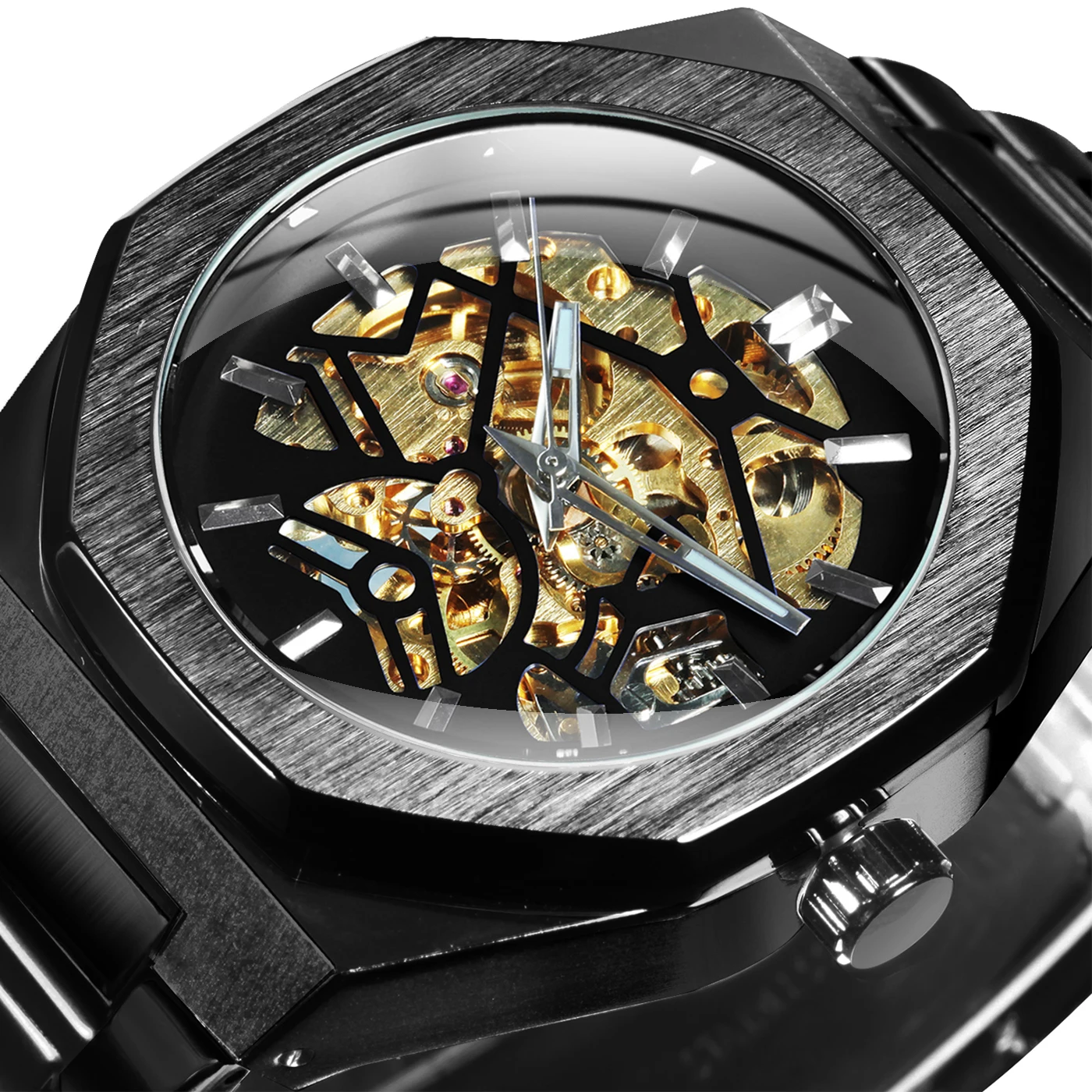 WINNER Black Gold Skeleton Watch for Men Luxury Irregular Business Automatic Mechanical Watches Stainless Steel Strap Luminous