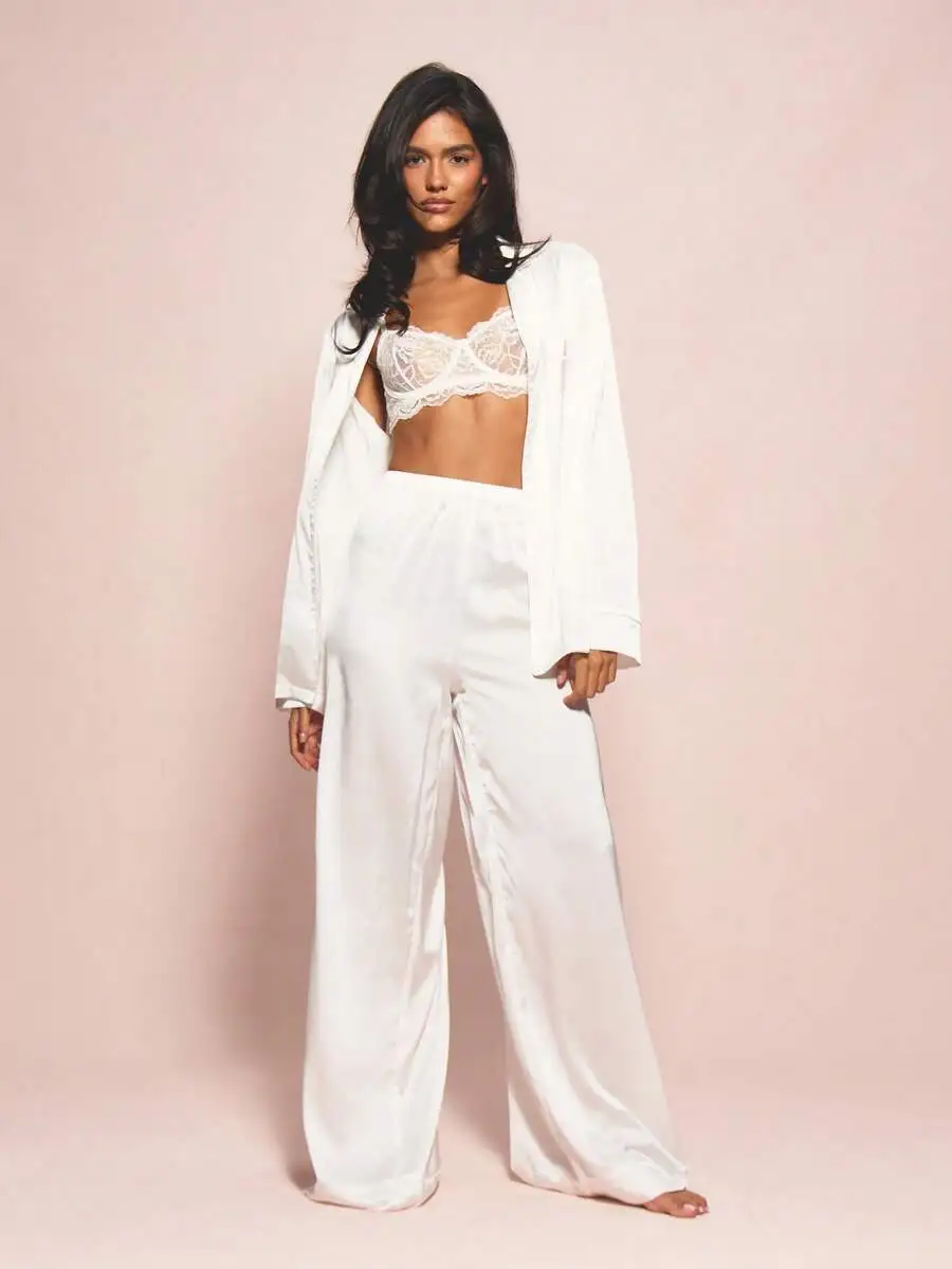 Luxurious White Satin Bridal Pajama Set With Lace Bralette Long Sleeve Button Up Shirt Wide Leg Pants Sleepwear