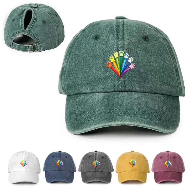 Rainbow Paw Ponytail Baseball Cap Women Vintage Washed Cotton Messy Bun Dad Hat Adjustable Curved Brim Sun Hat Pet Lover Gorra