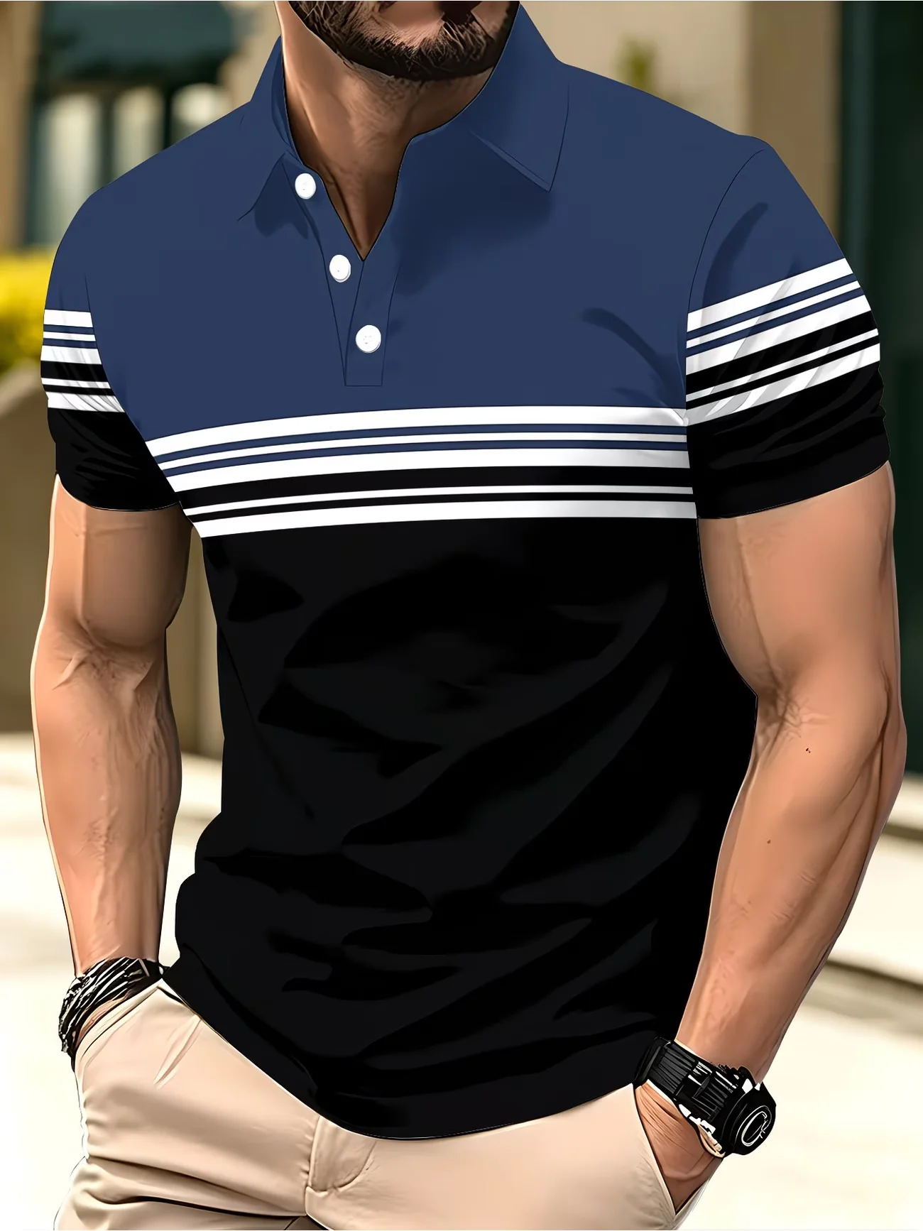 New printed men's polo shirt with classic striped design, simple and atmospheric, suitable for various daily occasions