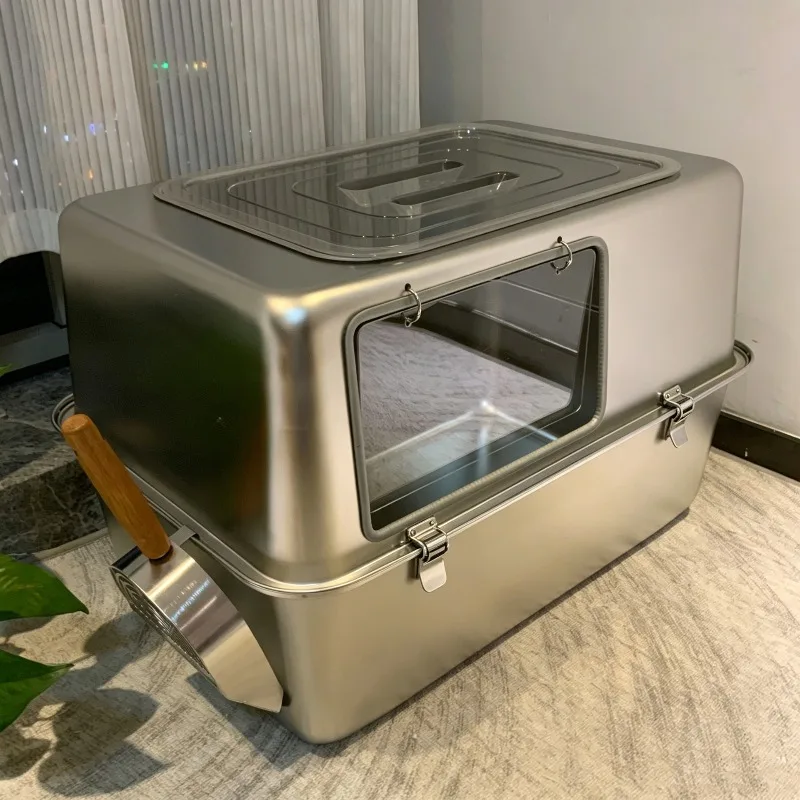 Oversized Cat Litter Box Stainless Steel Splash-proof Cat Toilet High Fence Fully Enclosed Cats Bedpan Semi-enclosed Pet Toilets