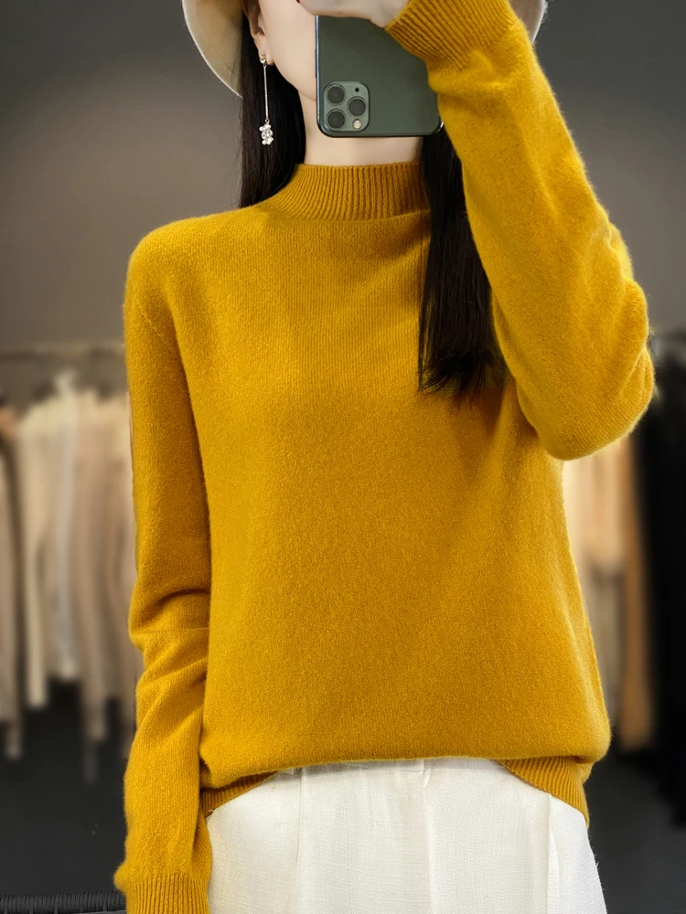 Basics 2024 Autumn Winter Women Sweater Long Sleeve Mock Collar Knitwear Solid Office Lady Pullover Merino Wool Soft Clothes Top