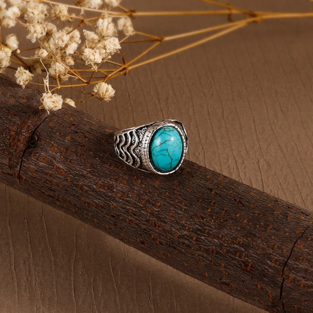 Creative Antique Western Country Ring Aesthetic Jewelry Turquoise Ring Square Oval Vintage Ring Boys