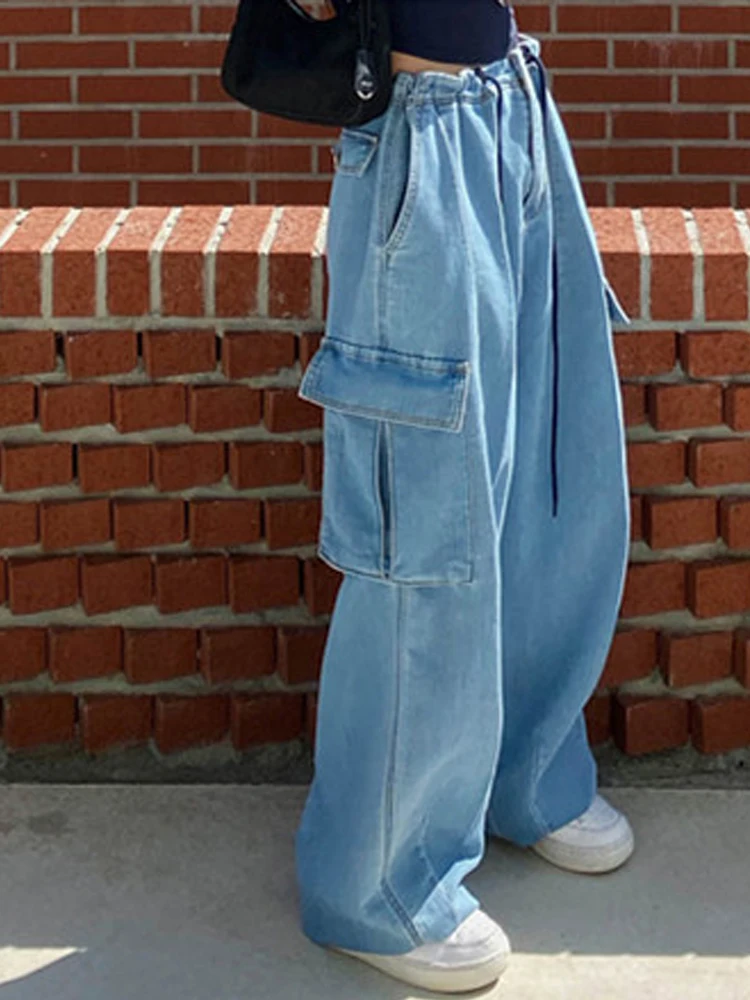 

Loose Women's Jeans Dstring Hem Faionable Design Korean Sle High Waist Long Pants Casual Comfortable Denim Skinnies