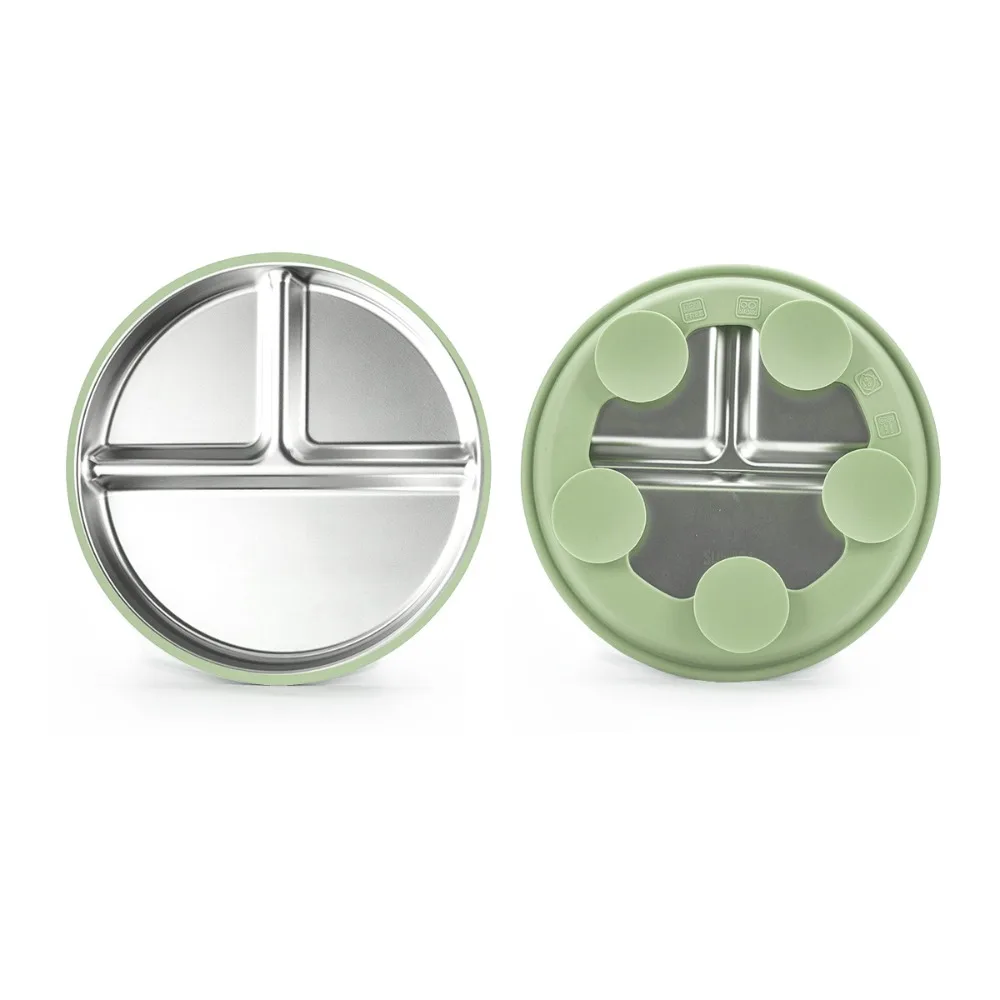 

Новые нескользящие детские тарелки из нержавеющей стали с силиконовыми рукавами, разделенные детские тарелки с защитой от поломки и съемными присосками для малышей