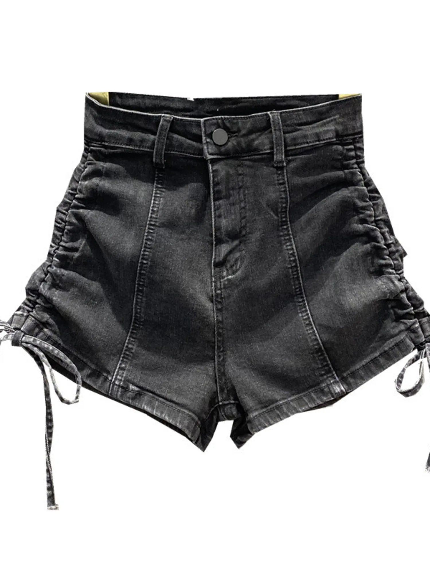 

Women High Waist Denim Shorts Side Ruched Drawstring Vintage Jean Shorts Cuffed Hem Available in 3 Colors