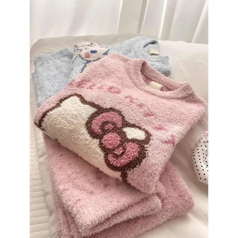 مرحبا كيتي المرجان المخملية منامة سانريو فتاة ملابس المنزل 2 قطعة نمط جديد الخريف والشتاء زائد المخملية سميكة الفانيلا مجموعة ساخنة