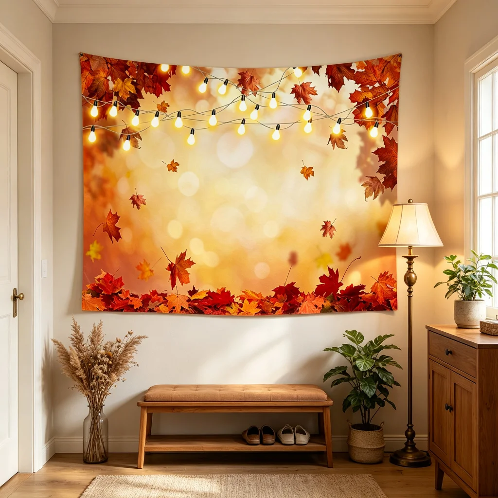 1PC Thanksgiving Fall Leaves Trail Farm Harvest Print Backdrop Banner, Bedroom Photo Background, Polyester, Home Decor