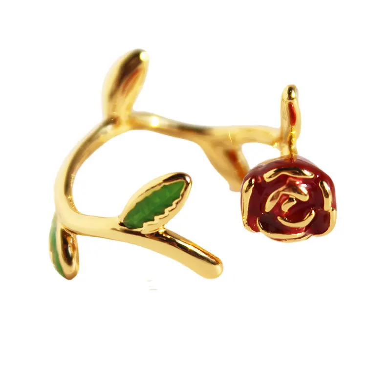 

Luxury Fashion Enamel Rose Flower 18K Gold Metal Adjustable Open Finger Ring For Women Modern Chic Famale Jewelry Wholesale Gift