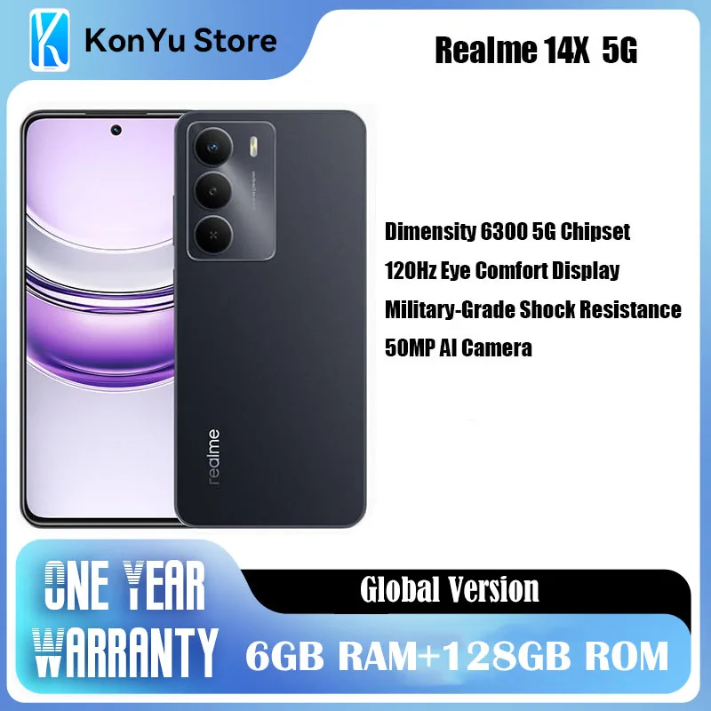 

realme 14X 5G phone Dimensity 6300 5G Chipset 6GB RAM 128GB 50MP AI Camera 120Hz Eye Comfort Display 5000mAh Battery 4G Phone