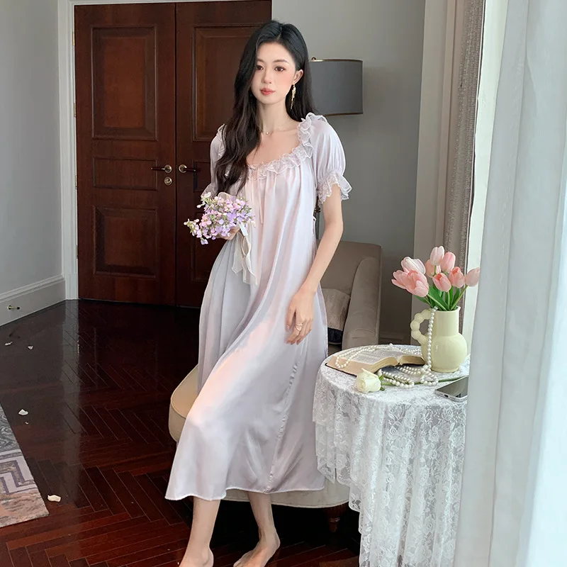 Sweet Summer Ice Silk Nightdress Women Satin Round Neck Nightgown Princess Sleepwear Nightwear Sexy Short Sleeve Night Dress