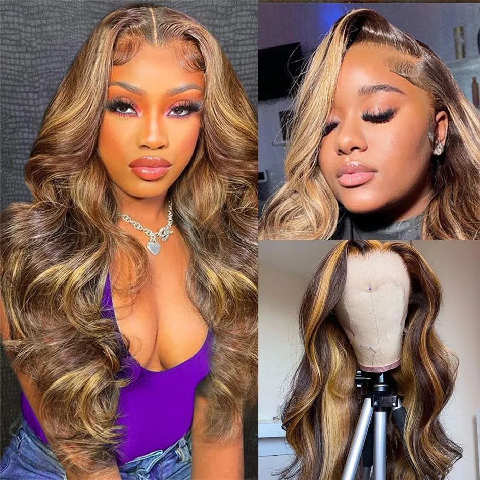 Peluca ombré P4/27, cabello humano ondulado, pelucas frontales de encaje transparente HD, pelucas de cabello humano de 200% de densidad prearrancadas para mujeres