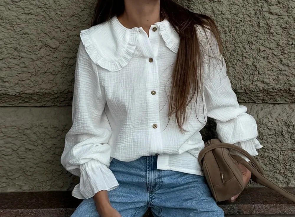 

Baby Collar Shirt 2025 Summer New Style Ruffled Lantern Sleeves White Long Sleeved Shirt for Women