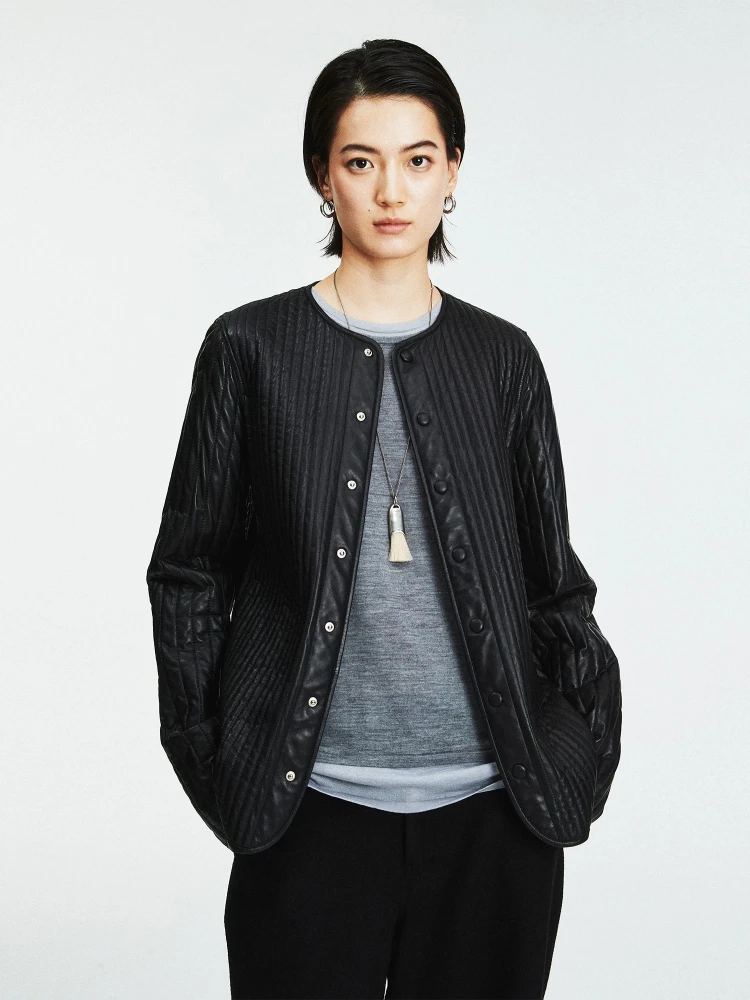 

Women Leather Jacket Pinch Thin Cotton Genuine Lambskin Singler-breasted Round-neck Shirt Leather Coat Autumn Slim Woman Jacket