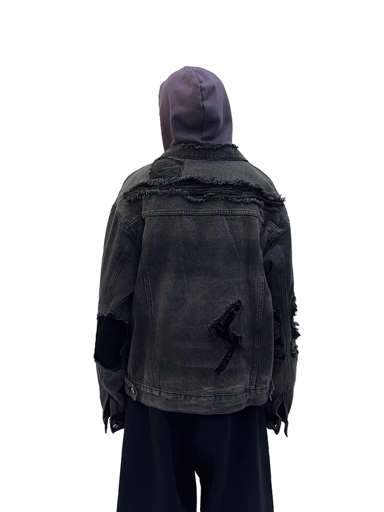 Wasteland Style Clothes Woman Special-Interest Design Distressed Destroyed Ripped Loose Denim Jacket Coat