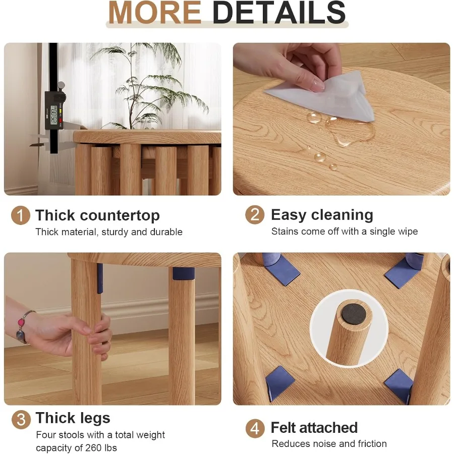積み重ね可能なスツール4個セット 44インチ1 木製スツール 滑り止めフットパッド付き キッチン 寝室 リビングルーム バー用 組み立て不要