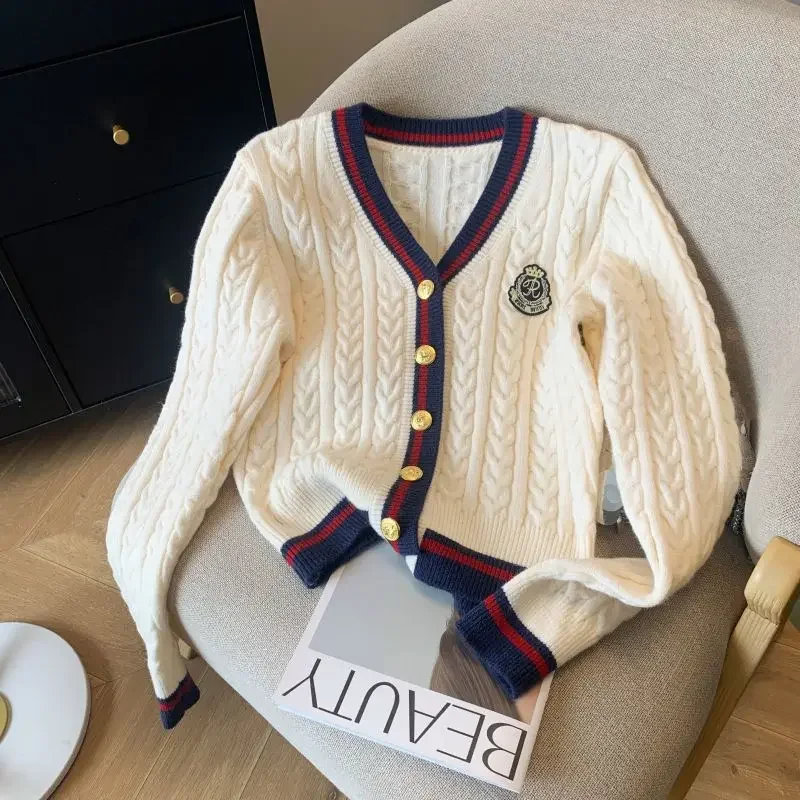 

Deeptown Preppy Style Vintage Knitted Cardigan Women Y2k V-Neck Knitwear Jumper Casual Autumn Winter Sweater Coat Kpop Aesthetic